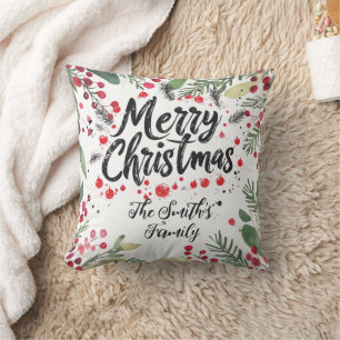 Modern Holy Wreath and Script   Merry Christmas  Cushion