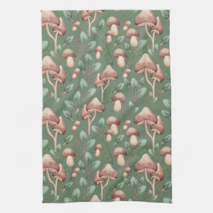 Modern Home Eucalyptus Forest Mushrooms on Green Tea Towel