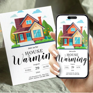 Modern Home Illustration Green Brown Housewarming Invitation