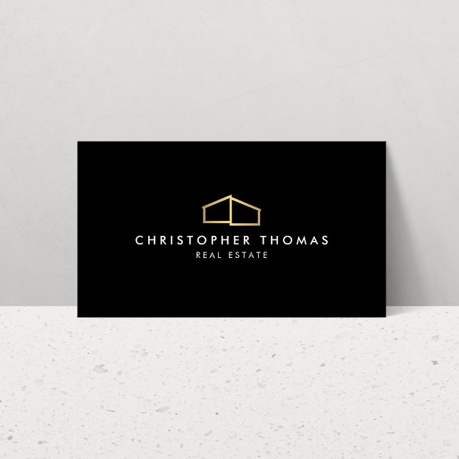 Modern Home Logo Faux Gold on Black Business Card (Creator Uploaded)