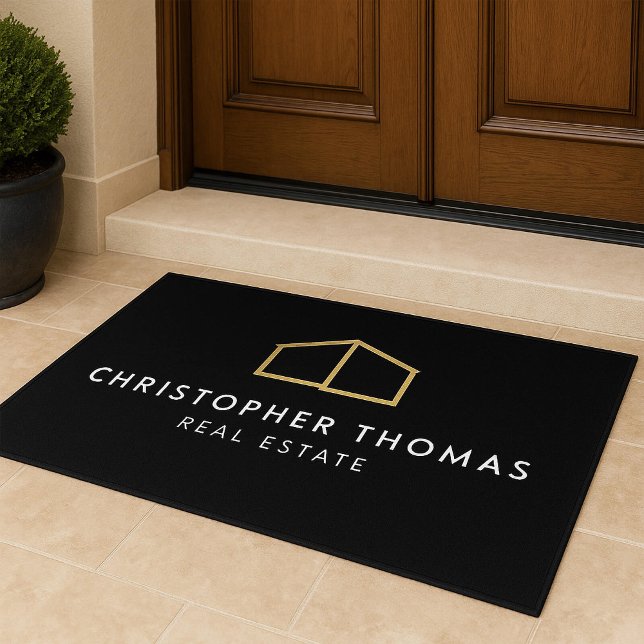 Modern Home Logo Faux Gold on Black Doormat (Creator Uploaded)