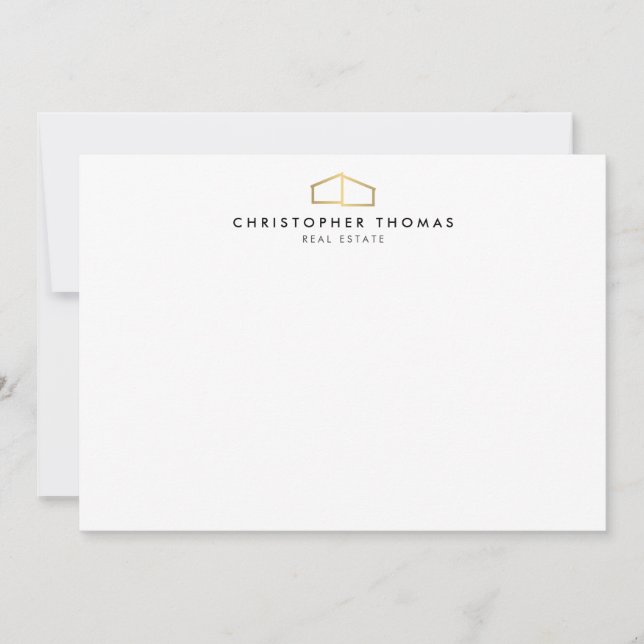 Modern Home Logo Faux Gold on White Flat Note Card (Front)