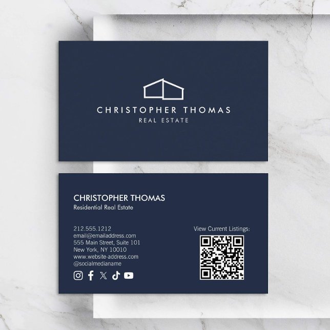 Modern Home Logo Real Estate Navy Blue QR code Business Card (Creator Uploaded)