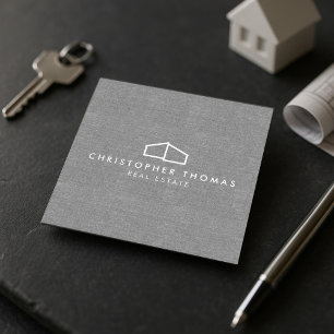 Modern Home Logo Real Estate, Realtor Grey Linen Square Business Card