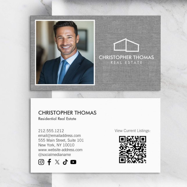 Modern Home Logo Realtor Photo Grey Linen Business Card (Creator Uploaded)