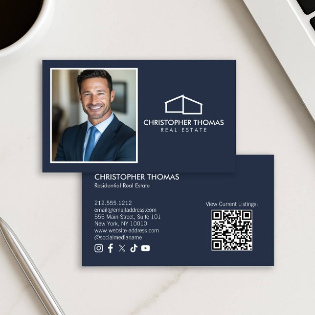 Modern Home Logo Realtor Photo Navy Blue Business Card (Creator Uploaded)
