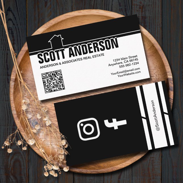 Modern Home Logo Social Media QR Code Black Business Card (Home logo QR Code social media black-white business cards - real estate, cleaning, construction)