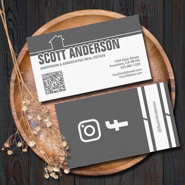 Modern Home Logo Social Media QR Code Grey Business Card (Home logo QR Code social media grey-white business cards - real estate, cleaning, construction)