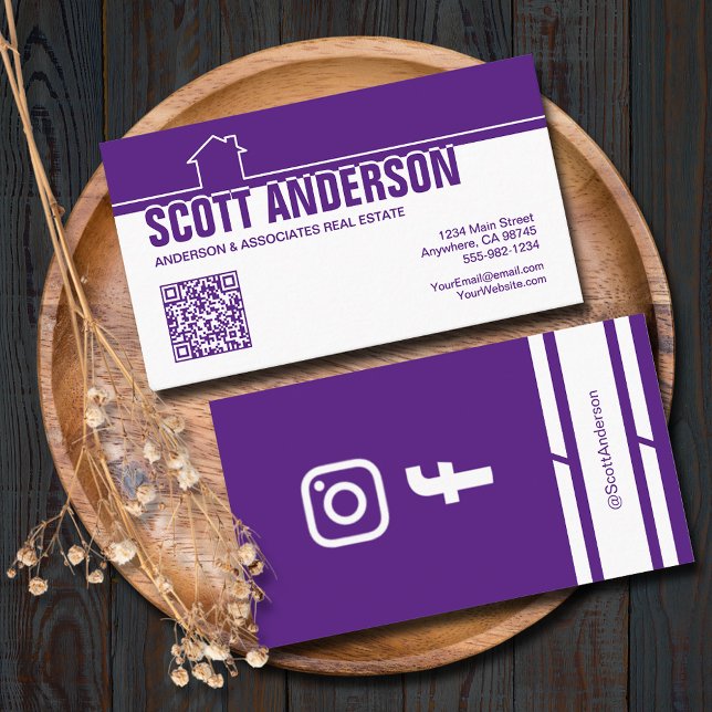 Modern Home Logo Social Media QR Code Purple Business Card (Home logo QR Code social media purple-white business cards - real estate, cleaning, construction)