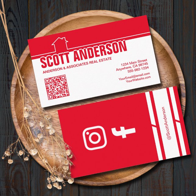Modern Home Logo Social Media QR Code Red Business Card (Home logo QR Code social media red-white business cards - real estate, cleaning, construction)