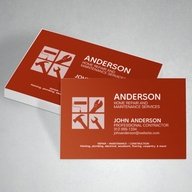Modern Home Repair Maintenance Service Red Business Card (Creator Uploaded)
