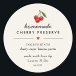 Modern Homemade Cherry Jam jar Sticker<br><div class="desc">Watercolor cherry illustration Homemade jam jar label with ingredient list in modern script on ecru background</div>