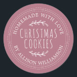 Modern Homemade Christmas Cookies Purple Classic Round Sticker<br><div class="desc">Rustic and modern homemade baked goods sticker with the text homemade with love, christmas cookies and your name in stylish typography on a purple cassis background. Simply add your name and the product name to the label. Exclusively designed for you by Happy Dolphin Studio. If you need any help or...</div>