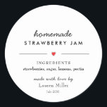 Modern Homemade Jam Jar Canning  Classic Round Sticker<br><div class="desc">Simple black and white Personalised Homemade jam jar labels with ingredient list in modern script.</div>