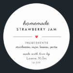 Modern Homemade Jam Jar Canning  Classic Round Sticker<br><div class="desc">Simple black and white Personalised Homemade jam jar labels with ingredient list in modern script.</div>