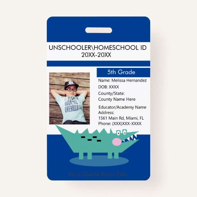 Modern Homeschooling Unschooling Student Alligator ID Badge (Front)
