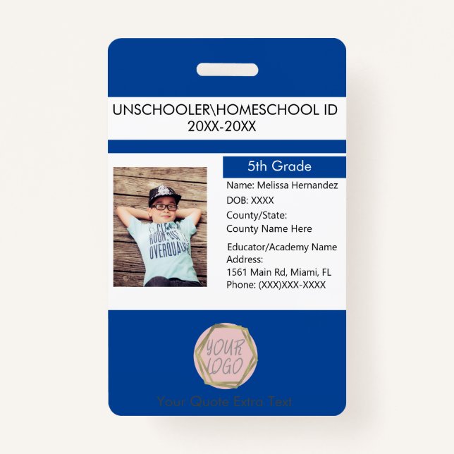 Modern Homeschooling Unschooling Student Blue ID Badge (Front)