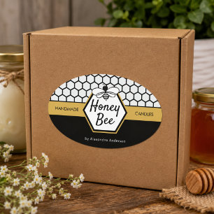 Modern Honey Bee Apiary Honeycomb Black Yellow Oval Sticker