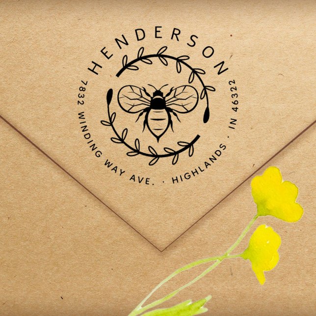 Modern Honey Bee Botanical Family Return Address Rubber Stamp (Creator Uploaded)
