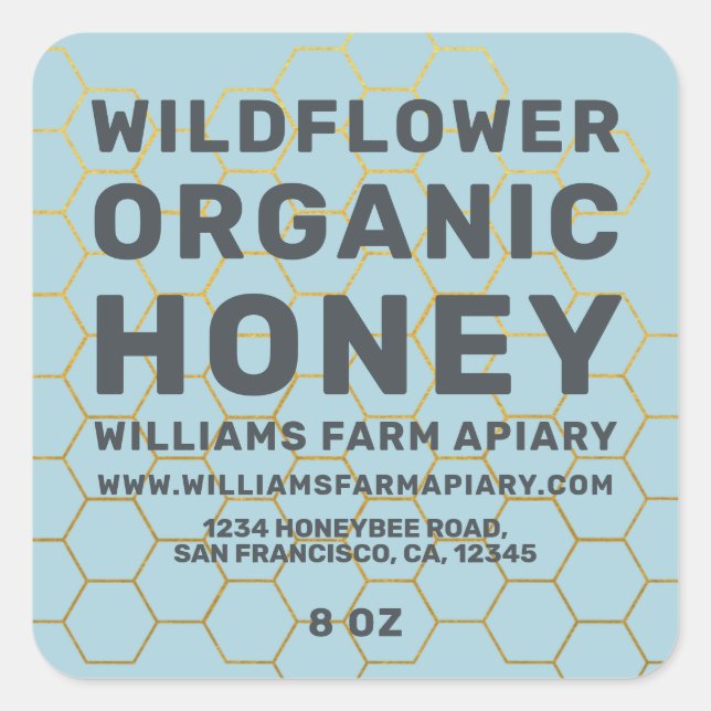 Modern Honey Jar Label Honeybee Apiary Blue (Front)