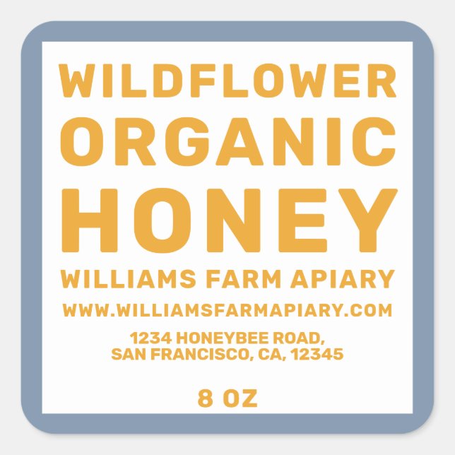 Modern Honey Jar Label Honeybee Blue Yellow (Front)