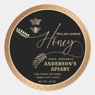 Modern honey jar  script queen bee   classic round sticker