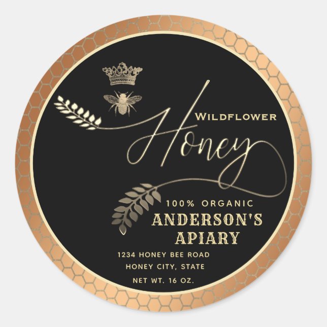 Modern honey jar  script queen bee   classic round sticker (Front)