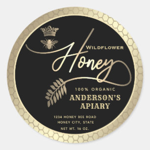 Modern honey jar  script queen bee   classic round sticker