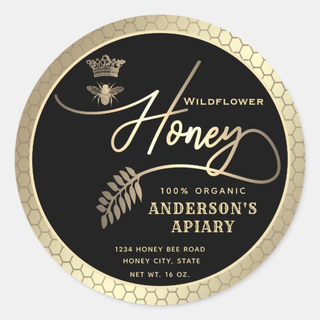 Modern honey jar  script queen bee   classic round sticker (Front)