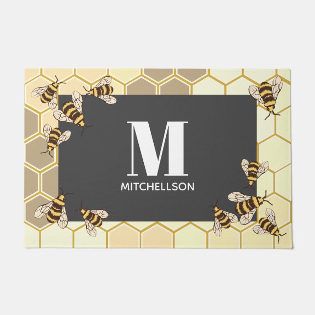 Modern Honeycomb & Bees Family Name Doormat (Front)