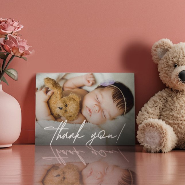 Modern Horizontal Baby Photo Handlettering script Thank You Card (Baby girl baby shower thank you photo card.)