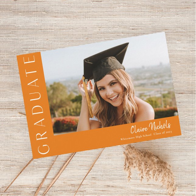 Modern Horizontal Photo Graduation Invitation (Modern Typography Orange Photo Graduation Invitations.)