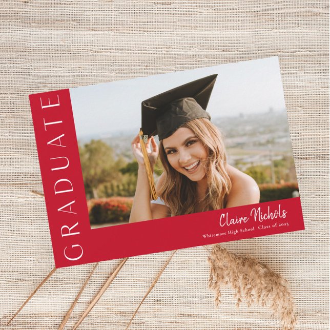 Modern Horizontal Photo Graduation Invitation (Modern Typography Red Photo Graduation Invitations.)