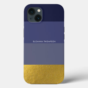 Modern Horizontal Stripe Navy Blue & Gold Foil  iPhone 13 Case