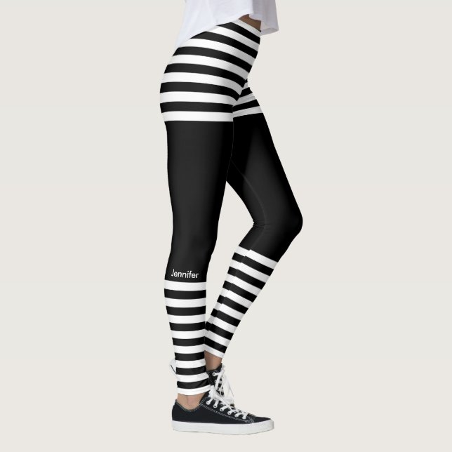 Modern Horizontal Stripes Custom Name Sporty Leggings (Right)