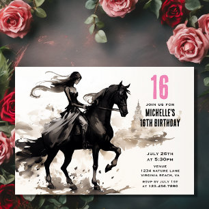 Modern Horse and Girl Fashion Ink Sketch Birthday Invitation
