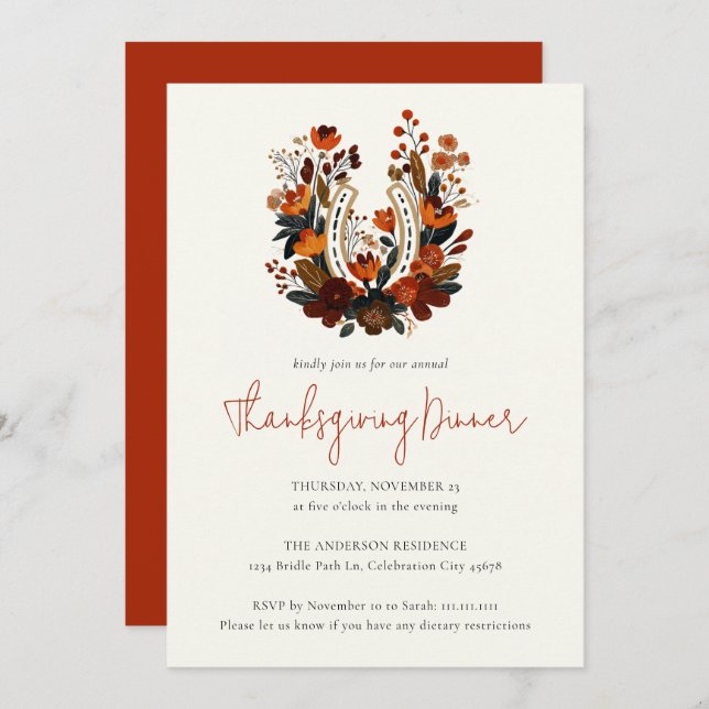 Modern Horseshoe Fall Equestrian Thanksgiving Invitation (Front/Back)