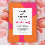 Modern Hot Pink and Orange Abstract Wedding Invitation<br><div class="desc">Set the tone for a fabulous wedding day celebration with this vibrant colour scheme of hot pink and orange. This colourful invitation has a designer look with bright orange rounded shapes over a hot pink background. The text template in contemporary crisp type face with a retro vibe and carries out...</div>