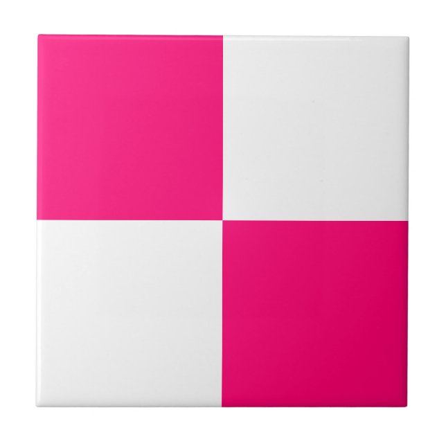 Modern Hot Pink and White Chequered Ceramic Tile (Front)