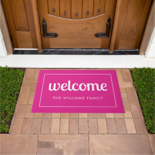 Modern Hot Pink and White Personalised Welcome Doormat