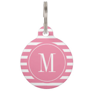 Modern Hot Pink and White Stripe with Monogram Pet Tag