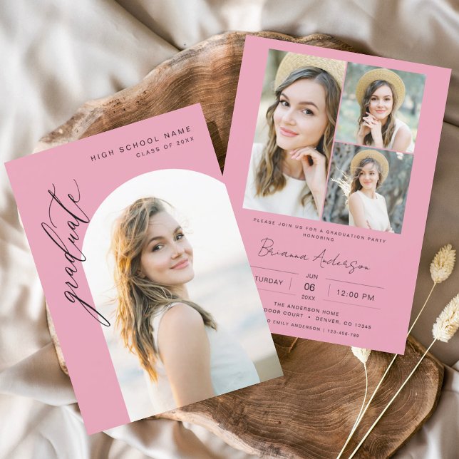 Modern Hot Pink Arch Photo Graduation Party Invitation (Creator Uploaded)