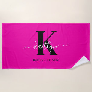 Modern Hot Pink Black Script Monogram Beach Towel