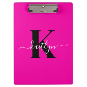 Modern Hot Pink Black Script Monogram Clipboard