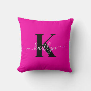 Modern Hot Pink Black Script Monogram Cushion