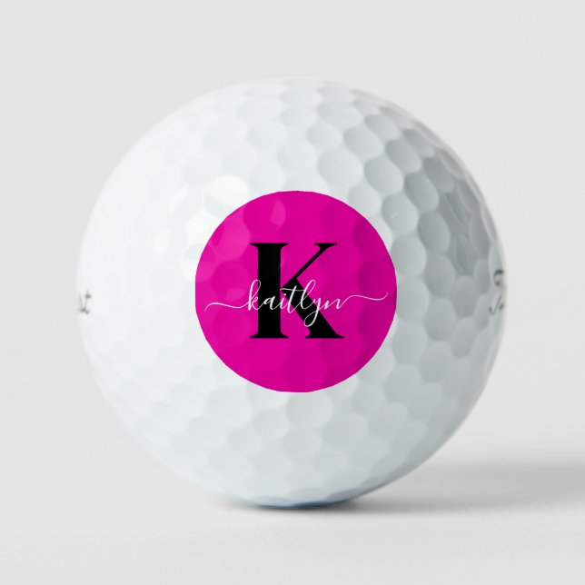 Modern Hot Pink Black Script Monogram Golf Balls (Front)