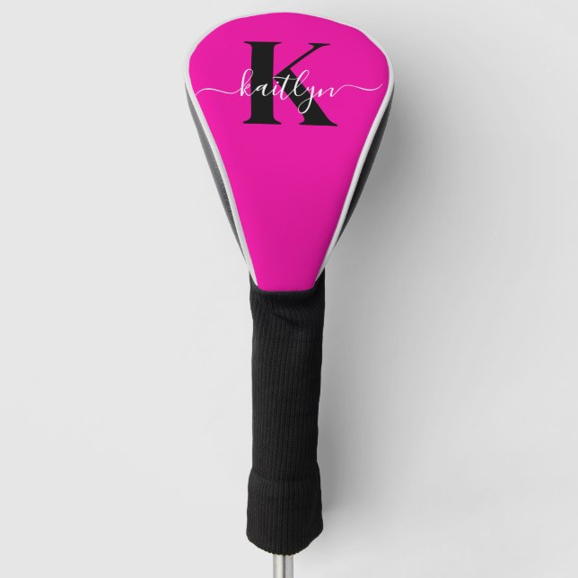 Modern Hot Pink Black Script Monogram Golf Head Cover (Front)