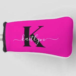 Modern Hot Pink Black Script Monogram Golf Head Cover