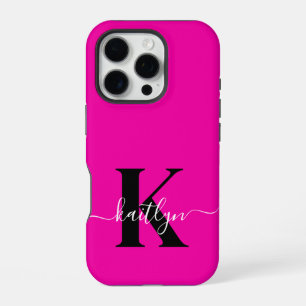Modern Hot Pink Black Script Monogram iPhone 16 Pro Case