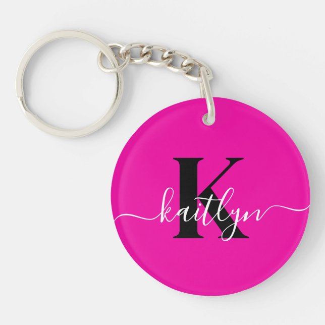 Modern Hot Pink Black Script Monogram Key Ring (Front)